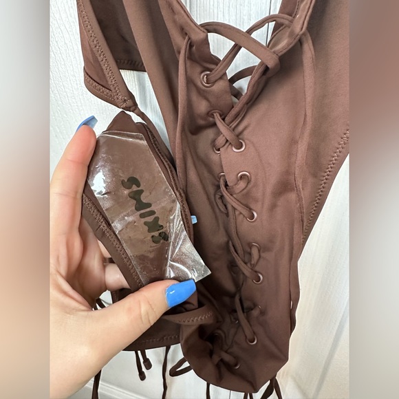 SKIMS Recycled Swim Lace-up Monokini Sz.XS (will fit small) Ochre Cocoa & Onyx - Picture 6 of 16